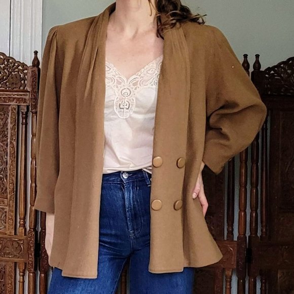 80s does 40s Vintage Camel Tan Big Princess Sleeves Double Breasted Blazer - Picture 1 of 11